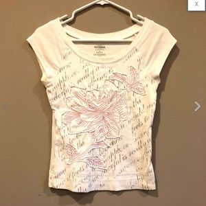 White Pink Embroidered Floral Script T Shirt Top S